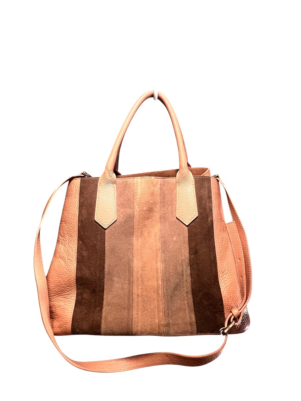 Elisabetta Yang Italian Leather Suede Tote Blush Pink Brown Striped Shoulder
